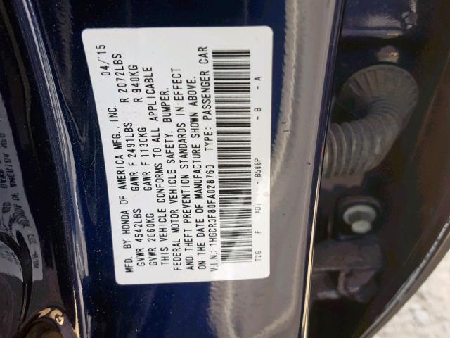 1HGCR3F80FA028760 - 2015 HONDA ACCORD EXL BLUE photo 10