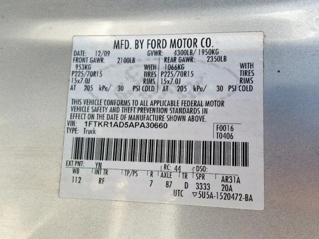 1FTKR1AD5APA30660 - 2010 FORD RANGER SILVER photo 10