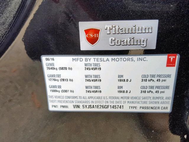 5YJSA1E26GF145741 - 2016 TESLA MODEL S Սև լուսանկար 10
