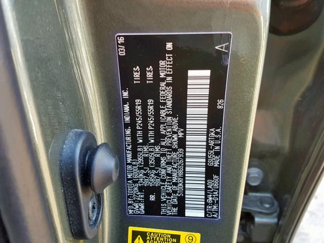 5TDDKRFH8GS267939 - 2016 TOYOTA HIGHLANDER GREEN photo 10