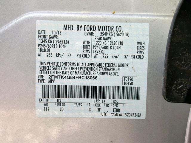 2FMTK4G84FBC18066 - 2015 FORD EDGE SE SILVER photo 10