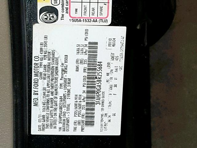 3FAHP0GA5BR255684 - 2011 FORD FUSION S BLACK photo 10