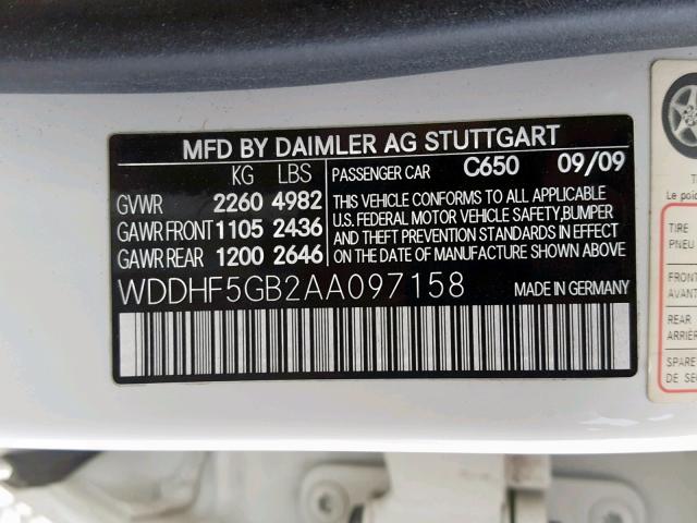 WDDHF5GB2AA097158 - 2010 MERCEDES-BENZ E 350 WHITE photo 10