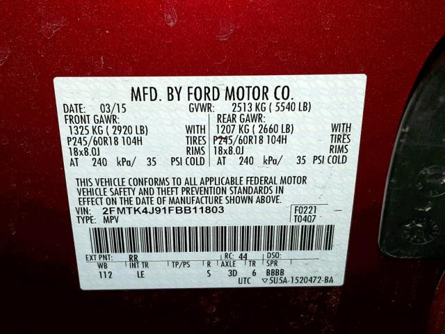 2FMTK4J91FBB11803 - 2015 FORD EDGE SEL RED photo 10