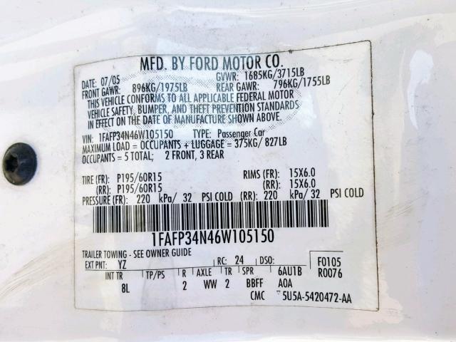 1FAFP34N46W105150 - 2006 FORD FOCUS ZX4 WHITE photo 10