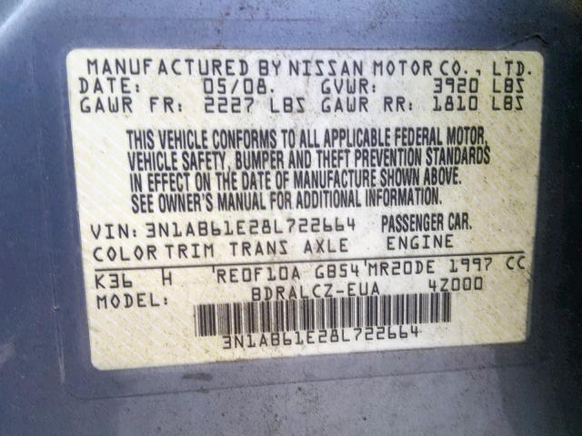 3N1AB61E28L722664 - 2008 NISSAN SENTRA 2.0 GRAY photo 10