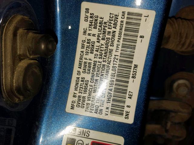 1HGFA16918L081721 - 2008 HONDA CIVIC EXL BLUE photo 10