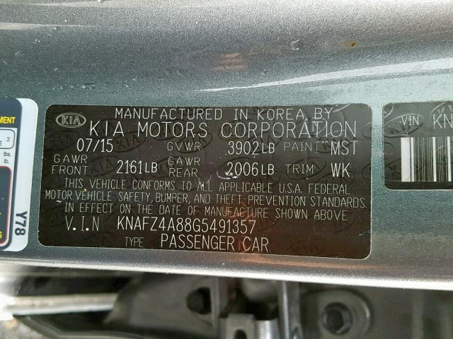 KNAFZ4A88G5491357 - 2016 KIA FORTE EX GRAY photo 10