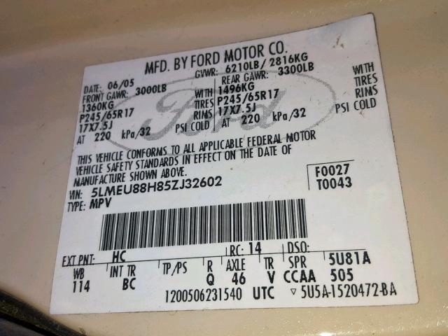 5LMEU88H85ZJ32602 - 2005 LINCOLN AVIATOR კრემისფერი ფოტო 10