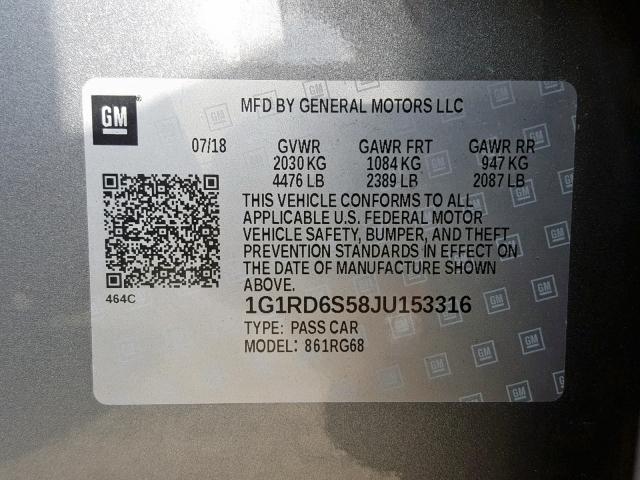 1G1RD6S58JU153316 - 2018 CHEVROLET VOLT PREMI SILVER photo 10