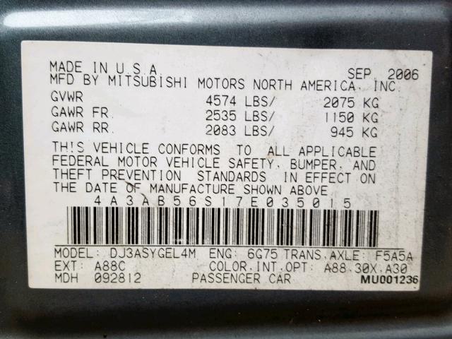 4A3AB56S17E035015 - 2007 MITSUBISHI GALANT GTS GRAY photo 10