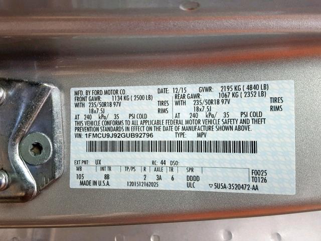 1FMCU9J92GUB92796 - 2016 FORD ESCAPE TIT SILVER photo 10