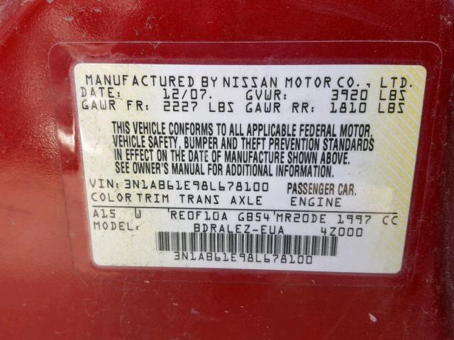 3N1AB61E98L678100 - 2008 NISSAN SENTRA 2.0 MAROON photo 10