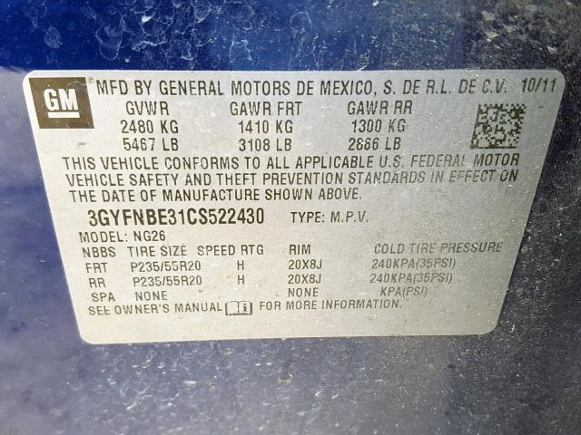 3GYFNBE31CS522430 - 2012 CADILLAC SRX PERFOR Mavi foto 10