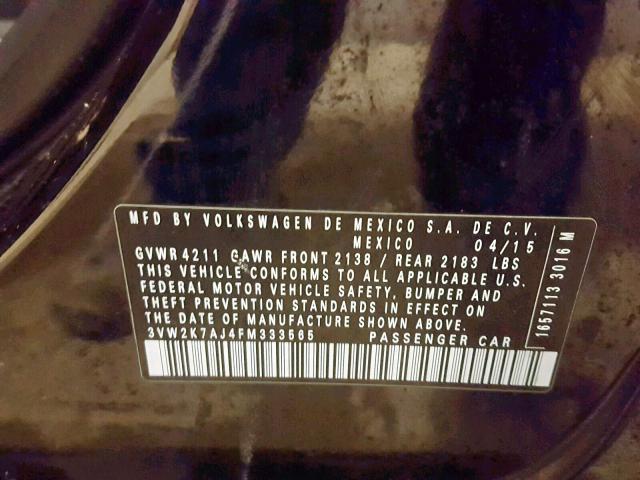 3VW2K7AJ4FM333565 - 2015 VOLKSWAGEN JETTA BASE 黑色 照片 10