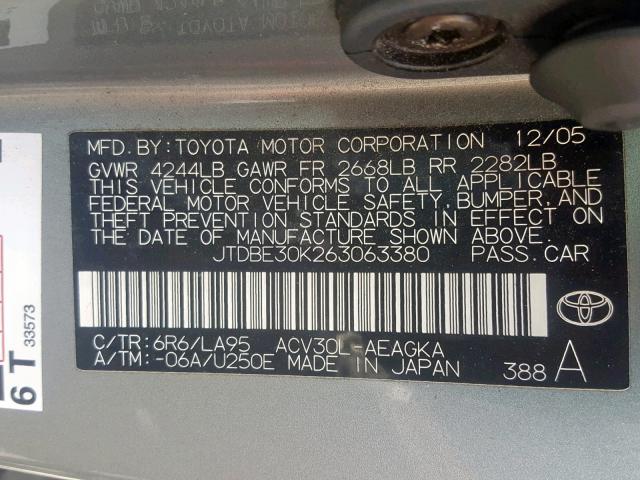 JTDBE30K263063380 - 2006 TOYOTA CAMRY XLE SILVER photo 10