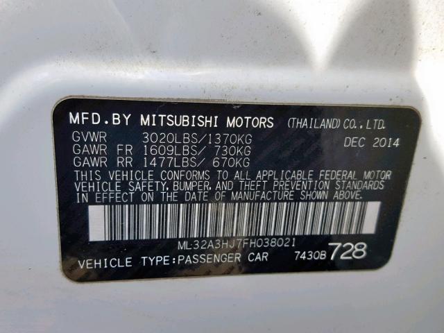 ML32A3HJ7FH038021 - 2015 MITSUBISHI MIRAGE DE WHITE photo 10