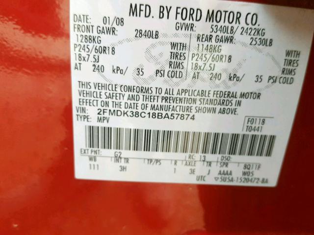 2FMDK38C18BA57874 - 2008 FORD EDGE SEL BURGUNDY photo 10