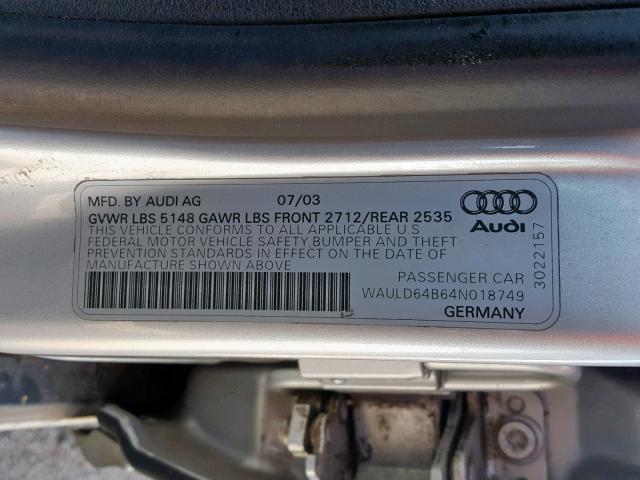 WAULD64B64N018749 - 2004 AUDI A6 2.7T QU SILVER photo 10