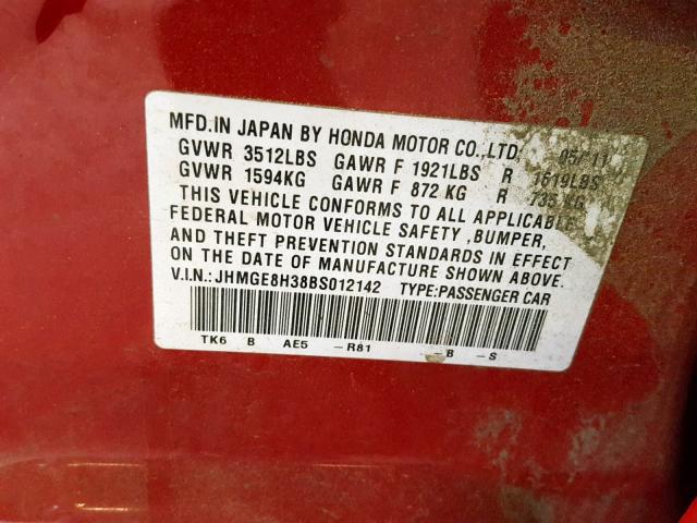 JHMGE8H38BS012142 - 2011 HONDA FIT RED photo 10