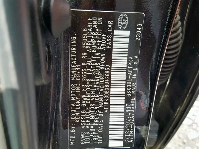 4T1BK3DBXBU426950 - 2011 TOYOTA AVALON BAS BLACK photo 10