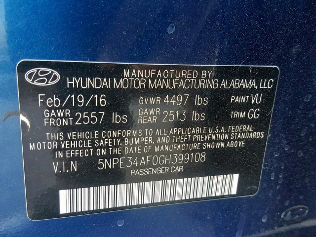 5NPE34AF0GH399108 - 2016 HYUNDAI SONATA SPO BLUE photo 10