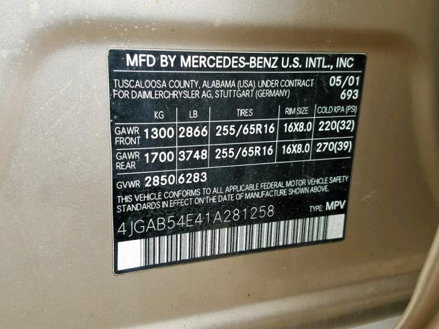 4JGAB54E41A281258 - 2001 MERCEDES-BENZ ML 320 TAN photo 10