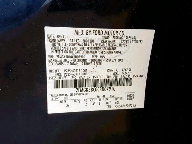 2FMGK5BC0CBD07910 - 2012 FORD FLEX SE BLUE photo 10