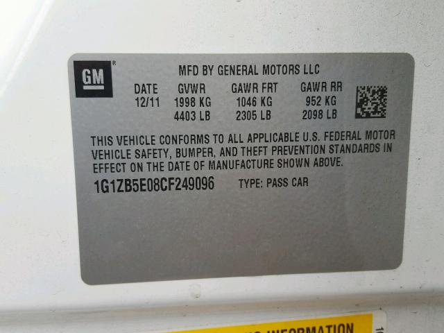 1G1ZB5E08CF249096 - 2012 CHEVROLET MALIBU LS WHITE photo 10