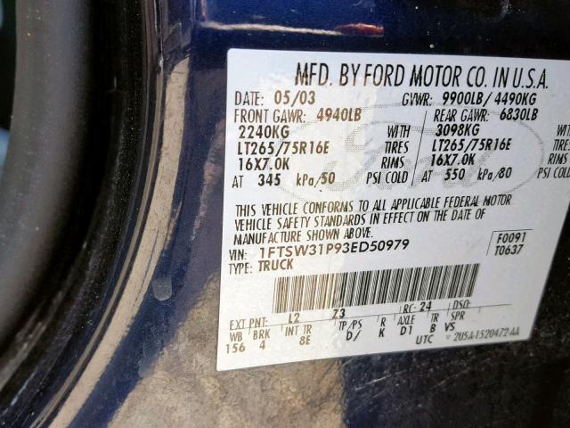 1FTSW31P93ED50979 - 2003 FORD F350 SRW S BLUE photo 10