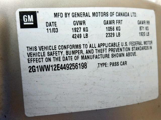 2G1WW12E449256198 - 2004 CHEVROLET MONTE CARL GOLD photo 10