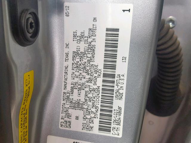 5TFHW5F11CX242094 - 2012 TOYOTA TUNDRA CRE GRAY photo 10