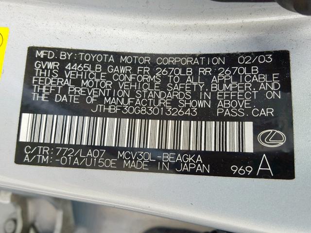 JTHBF30G830132643 - 2003 LEXUS ES 300 SILVER photo 10