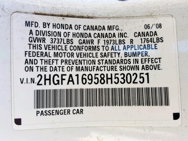 2HGFA16958H530251 - 2008 HONDA CIVIC EXL WHITE photo 10