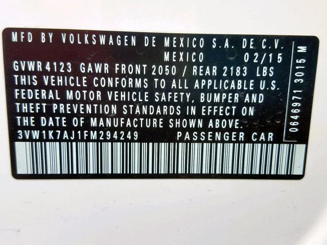 3VW1K7AJ1FM294249 - 2015 VOLKSWAGEN JETTA BASE WHITE photo 10