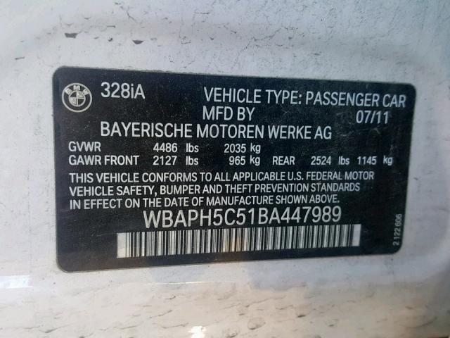 WBAPH5C51BA447989 - 2011 BMW 328 I SULE WHITE photo 10