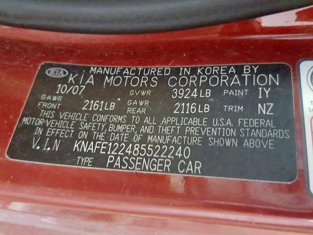 KNAFE122485522240 - 2008 KIA SPECTRA EX RED photo 10