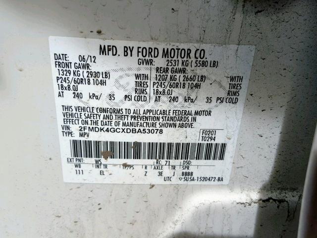 2FMDK4GCXDBA53078 - 2013 FORD EDGE SE WHITE photo 10