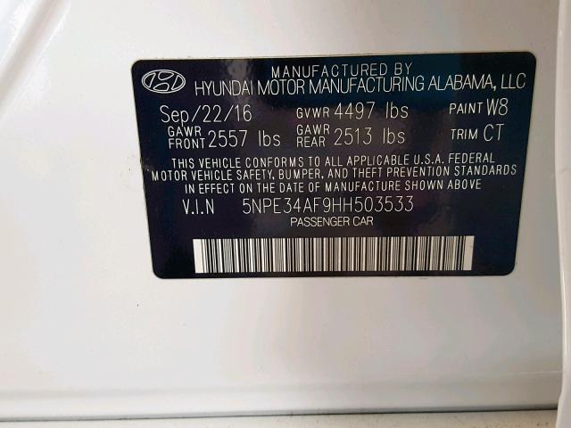 5NPE34AF9HH503533 - 2017 HYUNDAI SONATA SPO WHITE photo 10