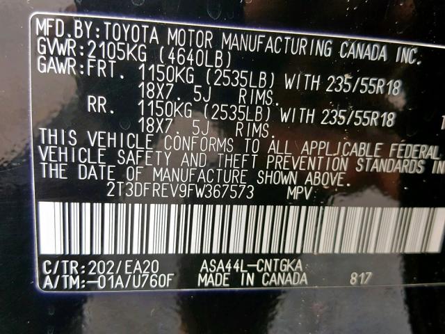 2T3DFREV9FW367573 - 2015 TOYOTA RAV4 LIMIT BLACK photo 10