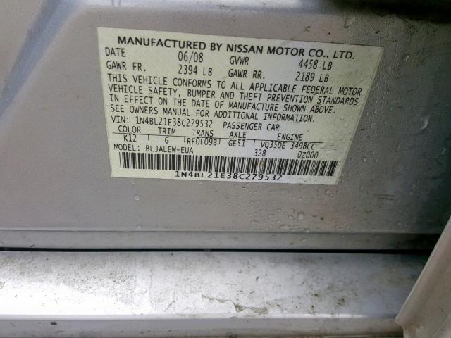 1N4BL21E38C279532 - 2008 NISSAN ALTIMA 3.5 SILVER photo 10