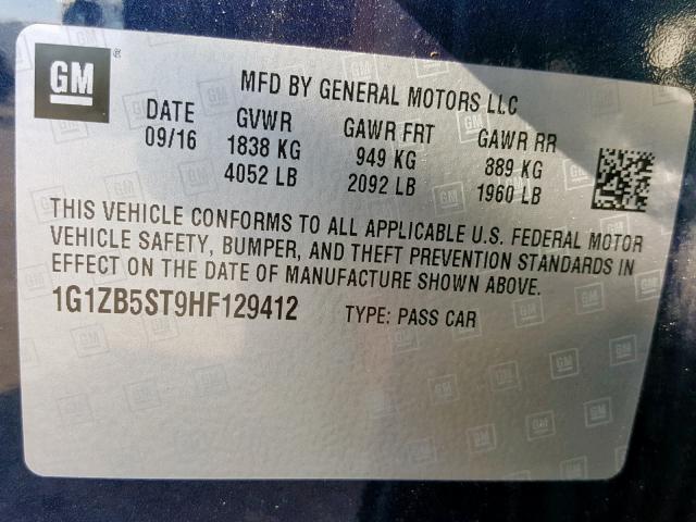 1G1ZB5ST9HF129412 - 2017 CHEVROLET MALIBU LS BLUE photo 10