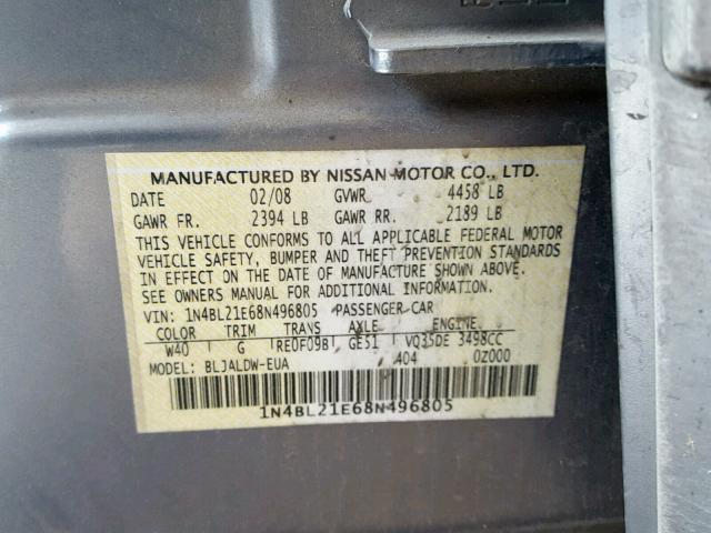 1N4BL21E68N496805 - 2008 NISSAN ALTIMA 3.5 GRAY photo 10