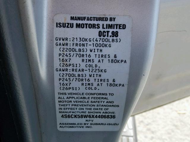 4S6CK58W6X4406836 - 1999 HONDA PASSPORT E 银色 照片 10