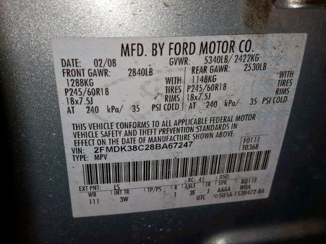 2FMDK38C28BA67247 - 2008 FORD EDGE SEL BLUE photo 10