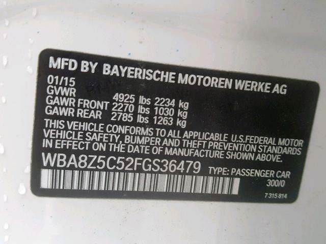 WBA8Z5C52FGS36479 - 2015 BMW 328 XIGT WHITE photo 10