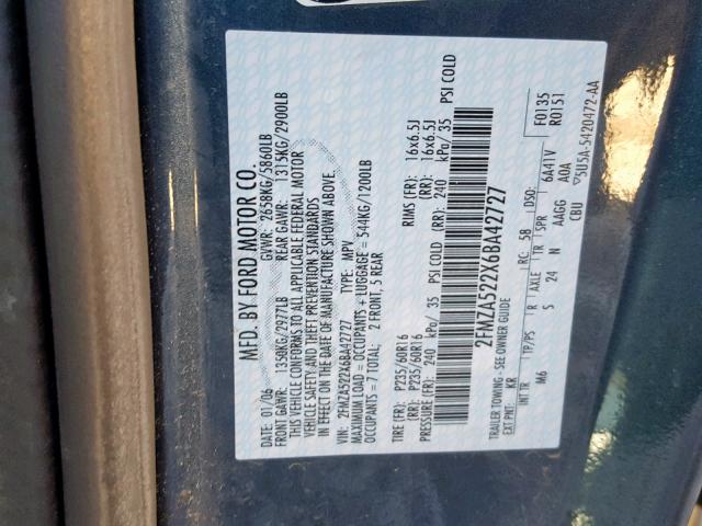 2FMZA522X6BA42727 - 2006 FORD FREESTAR S BLUE photo 10