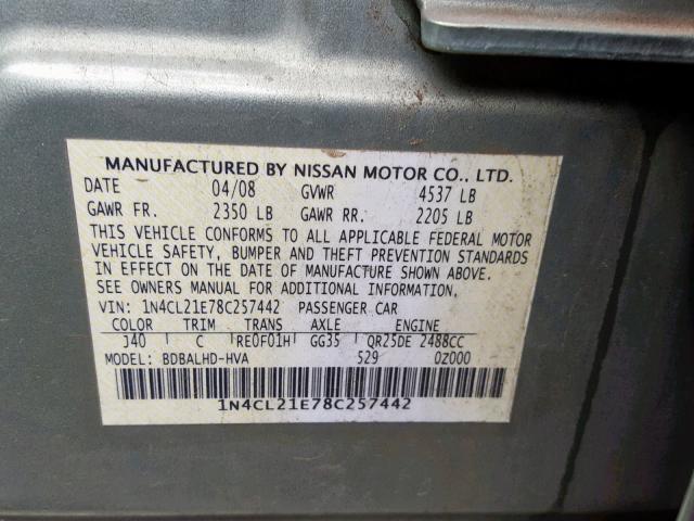 1N4CL21E78C257442 - 2008 NISSAN ALTIMA HYB GREEN photo 10