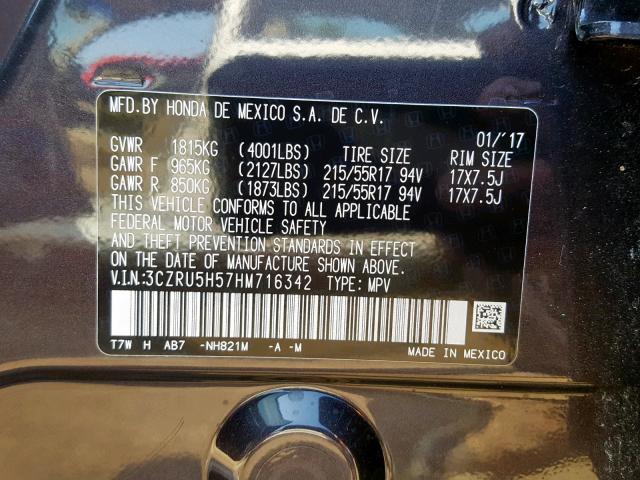 3CZRU5H57HM716342 - 2017 HONDA HR-V EX CHARCOAL photo 10