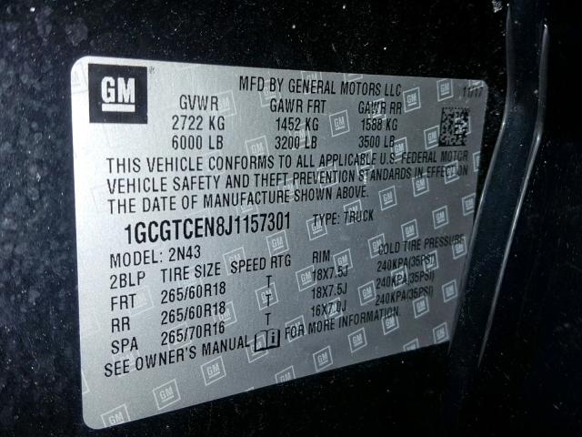 1GCGTCEN8J1157301 - 2018 CHEVROLET COLORADO L BLACK photo 10